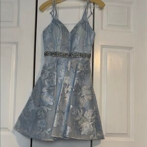 Elegant Blue Floral Dress with Silver Accents